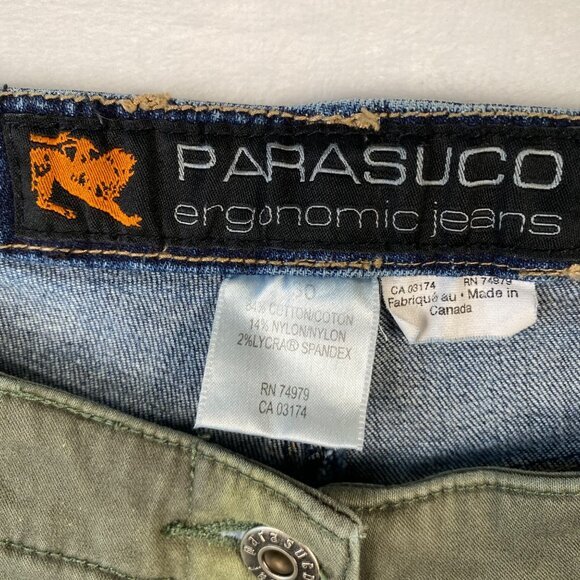 Parasuco Ergonomic Jeans Womens Size 30 Green & Blue Patchwork Studded Flared - Picture 3 of 10